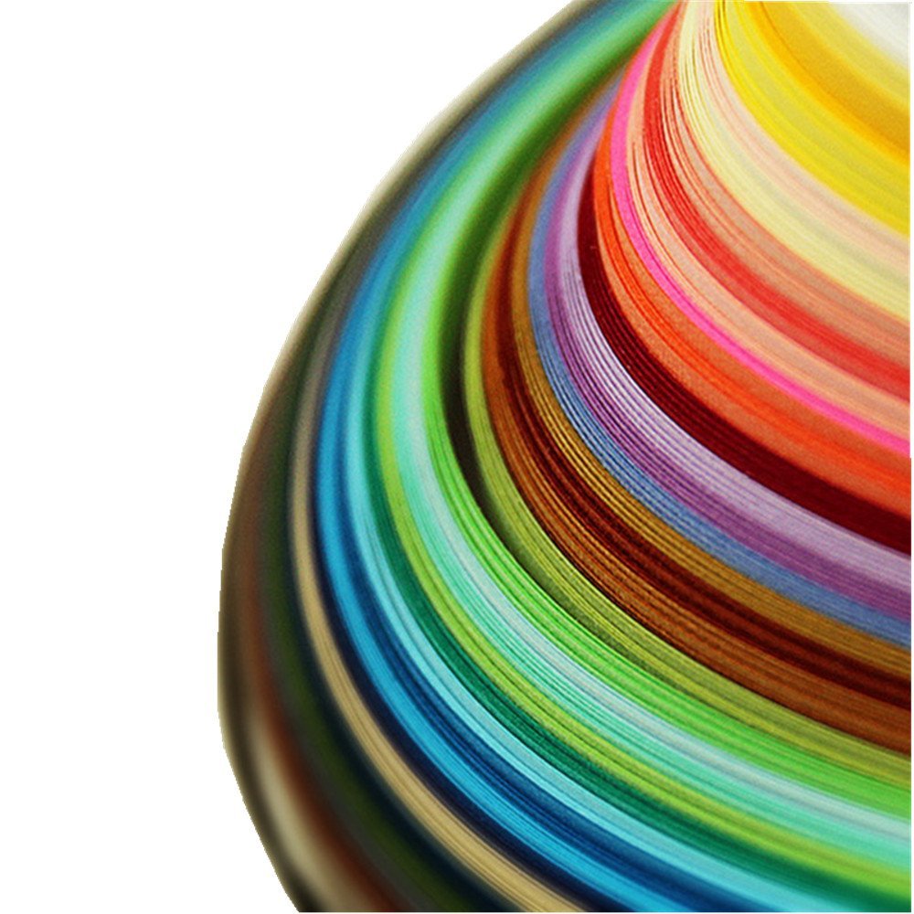 Close-up of a fan of colorful paper quilling strips in various shades of blue, green, purple, pink, orange, and yellow.