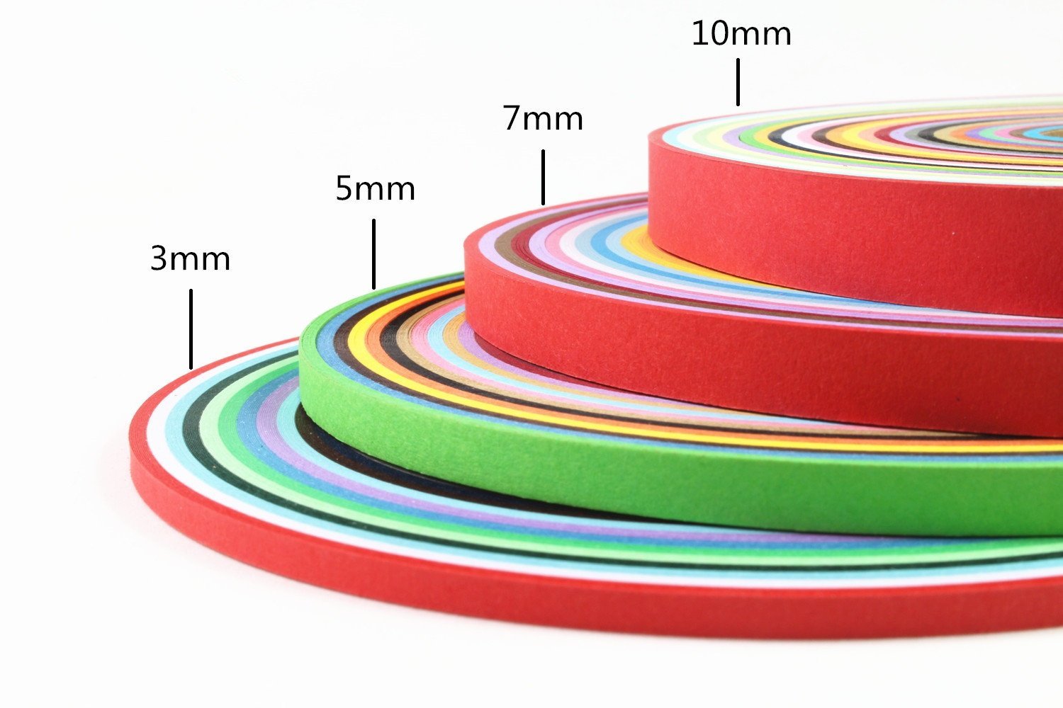 Paper quilling strips in four different widths stacked, showing 3mm, 5mm, 7mm, and 10mm sizes.