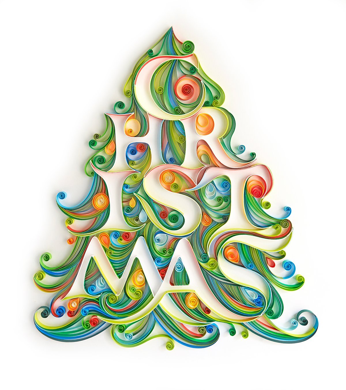 Paper quilling art in the shape of a Christmas tree spelling out 'CHRISTMAS' with colorful strips