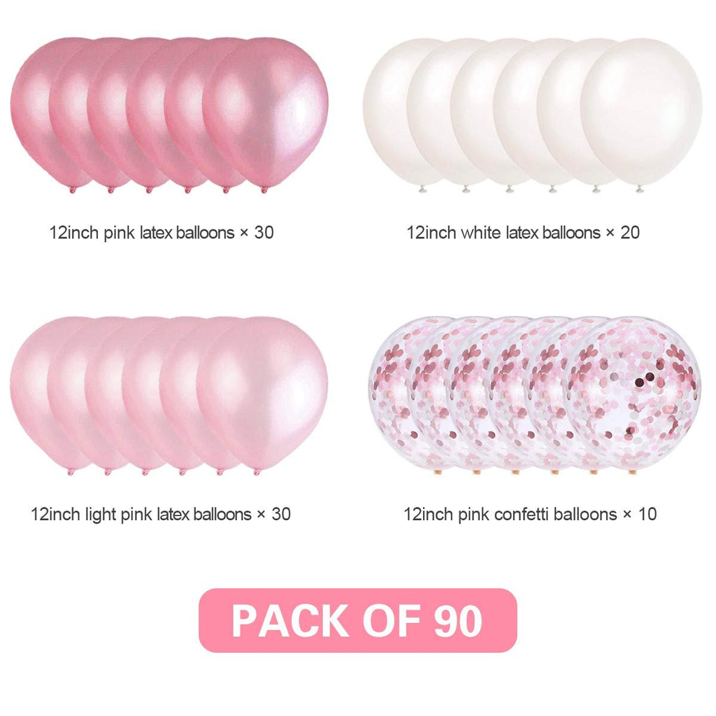 Four types of 12-inch balloons: pink latex, white latex, light pink latex, and pink confetti, totaling 90 balloons.