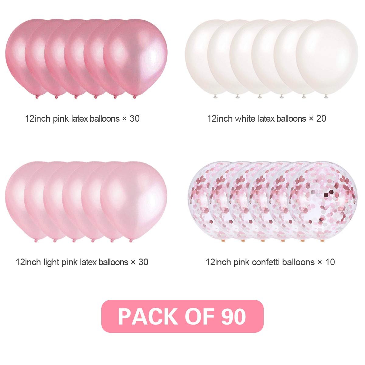Four types of 12-inch balloons: pink latex, white latex, light pink latex, and pink confetti, totaling 90 balloons.