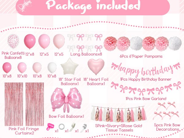 Pink birthday party decorations set including balloons, pompoms, banner, tassels, and fringe curtains.