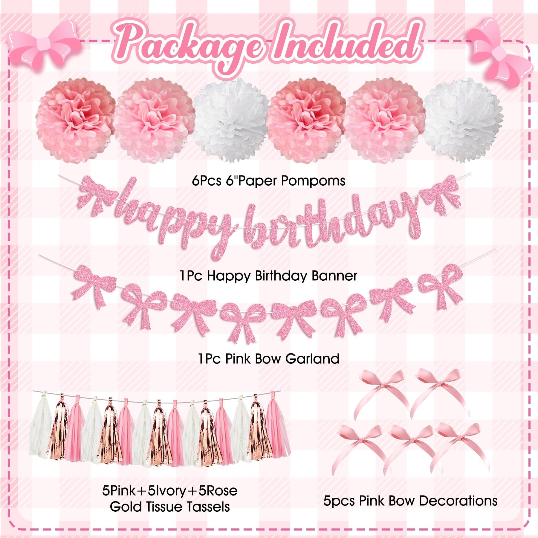 Pink and white birthday party decorations including paper pompoms, happy birthday banner, bow garland, tissue tassels, and bow decorations.
