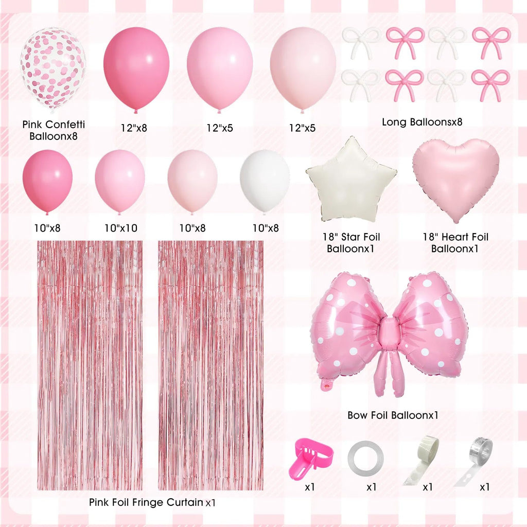 Pink and white birthday party balloon decorations including confetti, solid, star, heart, and bow foil balloons, plus fringe curtains and accessories.