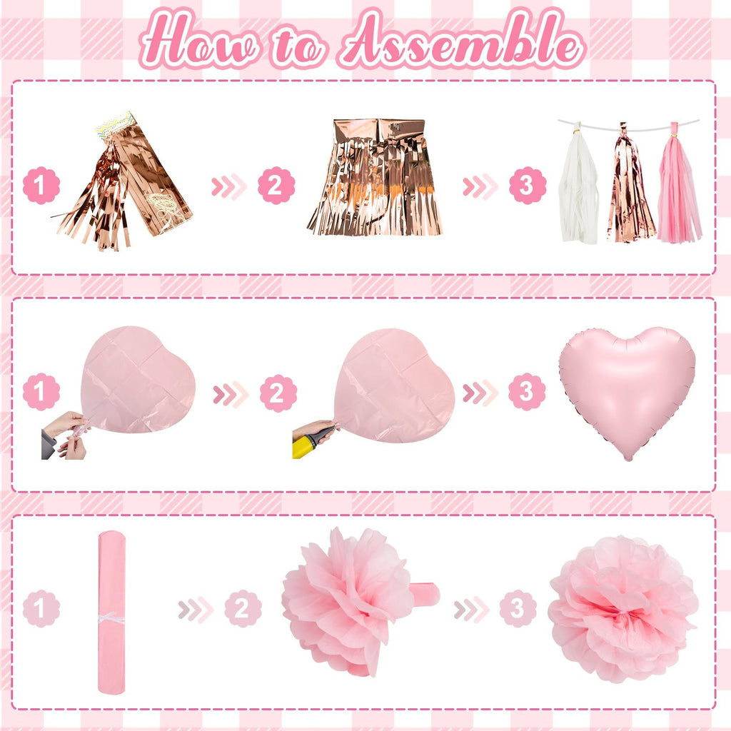 Pink and rose gold party decorations assembly guide showing tassels, balloons, and pompoms