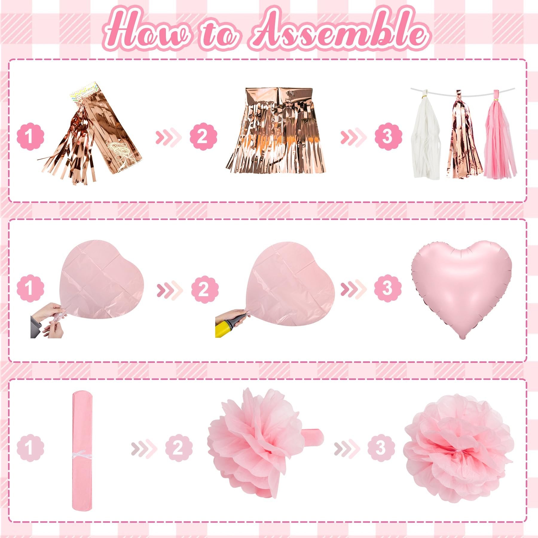 Pink and rose gold party decorations assembly guide showing tassels, balloons, and pompoms