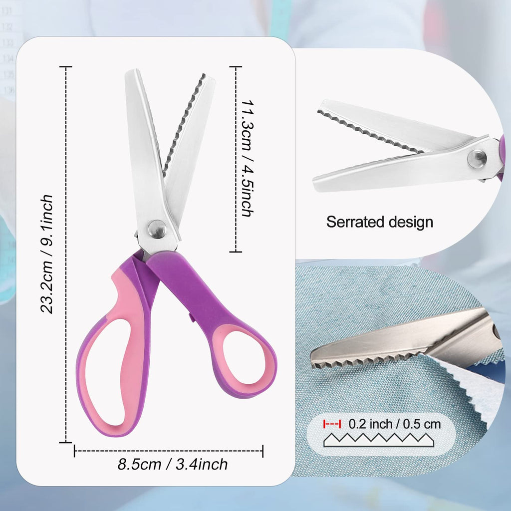 Pinking shears with purple and pink handles shown from the side, with close-ups of the serrated blades and fabric edge.