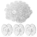Pile of clear plastic sewing machine bobbins with three bobbins shown individually in the foreground on a white background.