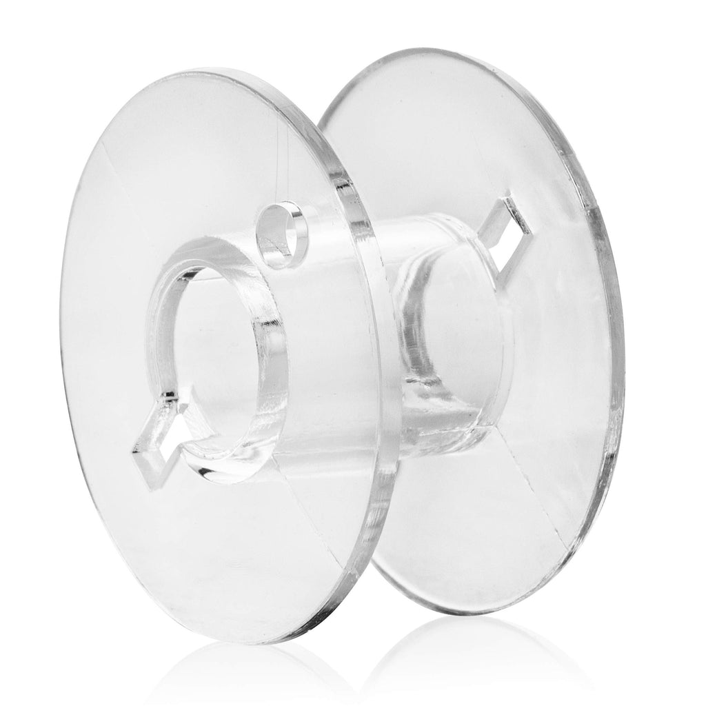 Clear plastic sewing machine bobbin shown from the side on a white background with reflection.