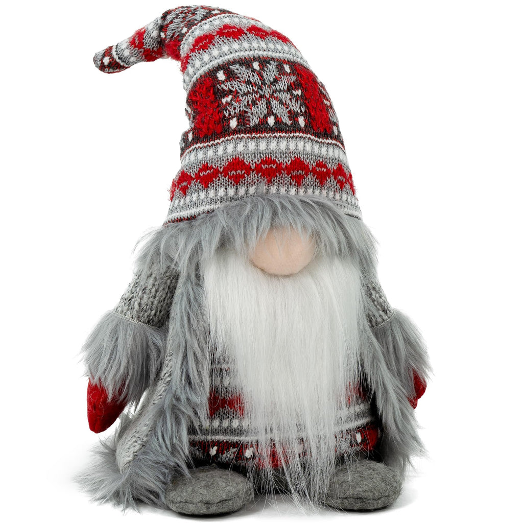 Plush Christmas gnome with a gray knit outfit and a festive red and gray patterned hat, shown from the front against a white background.