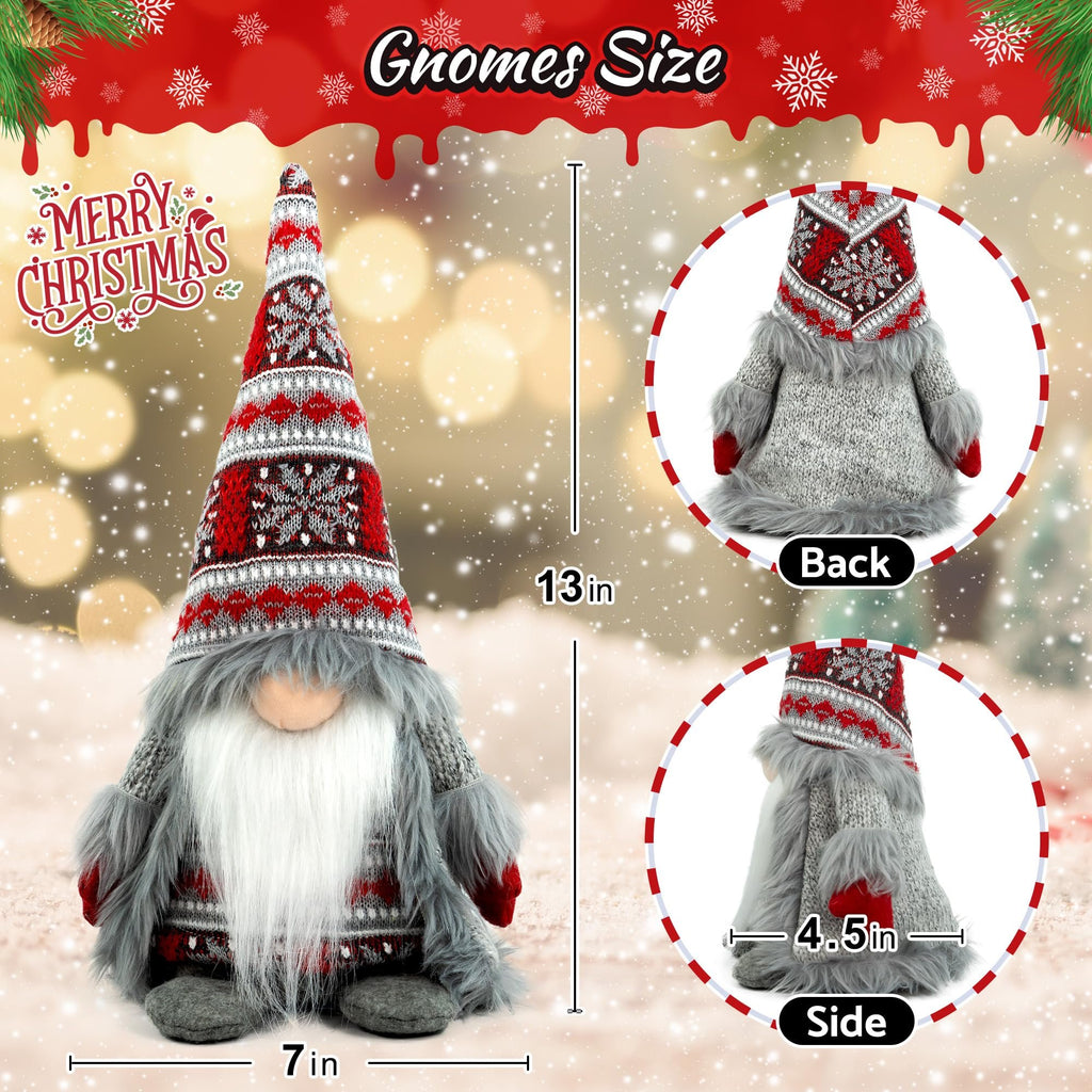 Plush Christmas gnome decoration with gray knit outfit and festive hat, shown from front, back, and side with size dimensions.