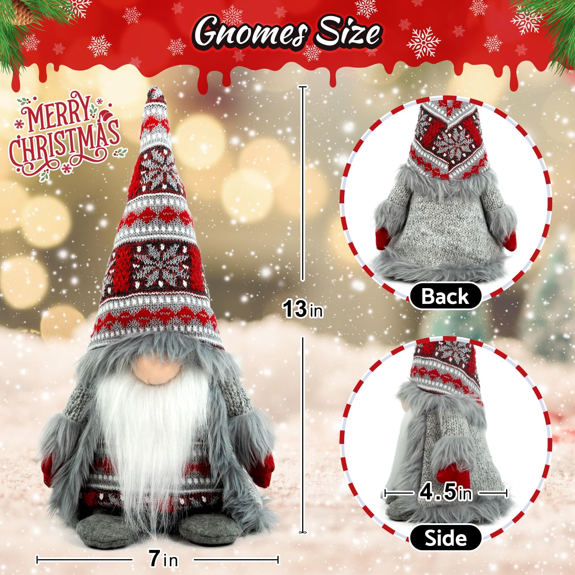 Plush Christmas gnome decoration with gray knit outfit and festive hat, shown from front, back, and side with size dimensions.