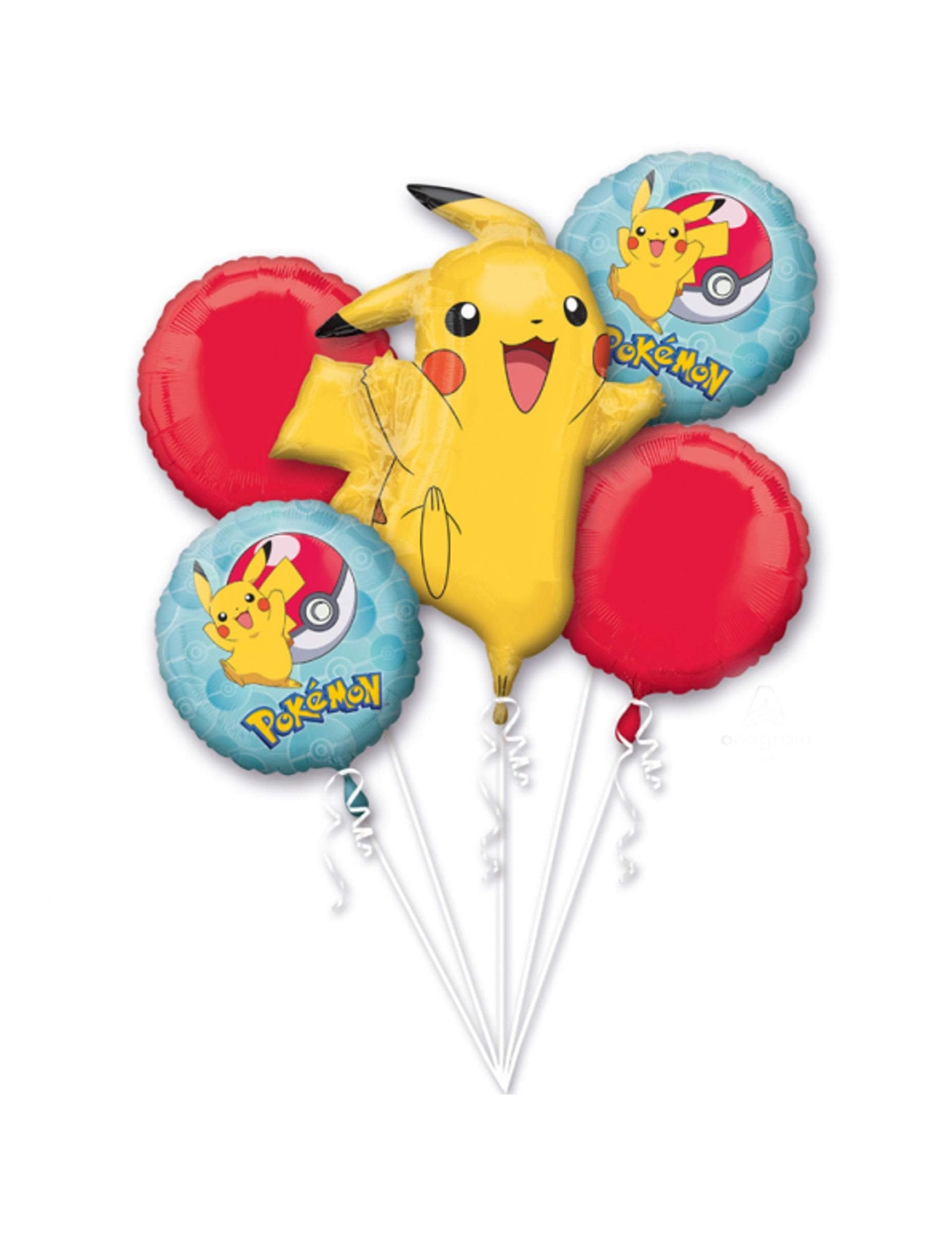 Pokemon Pikachu and Pokeball foil balloons with red round balloons, uninflated party balloons