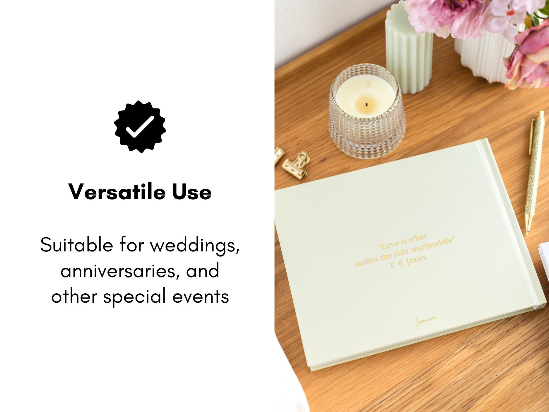 Light green wedding guest book with quote and brand name on cover, next to a candle and flowers.