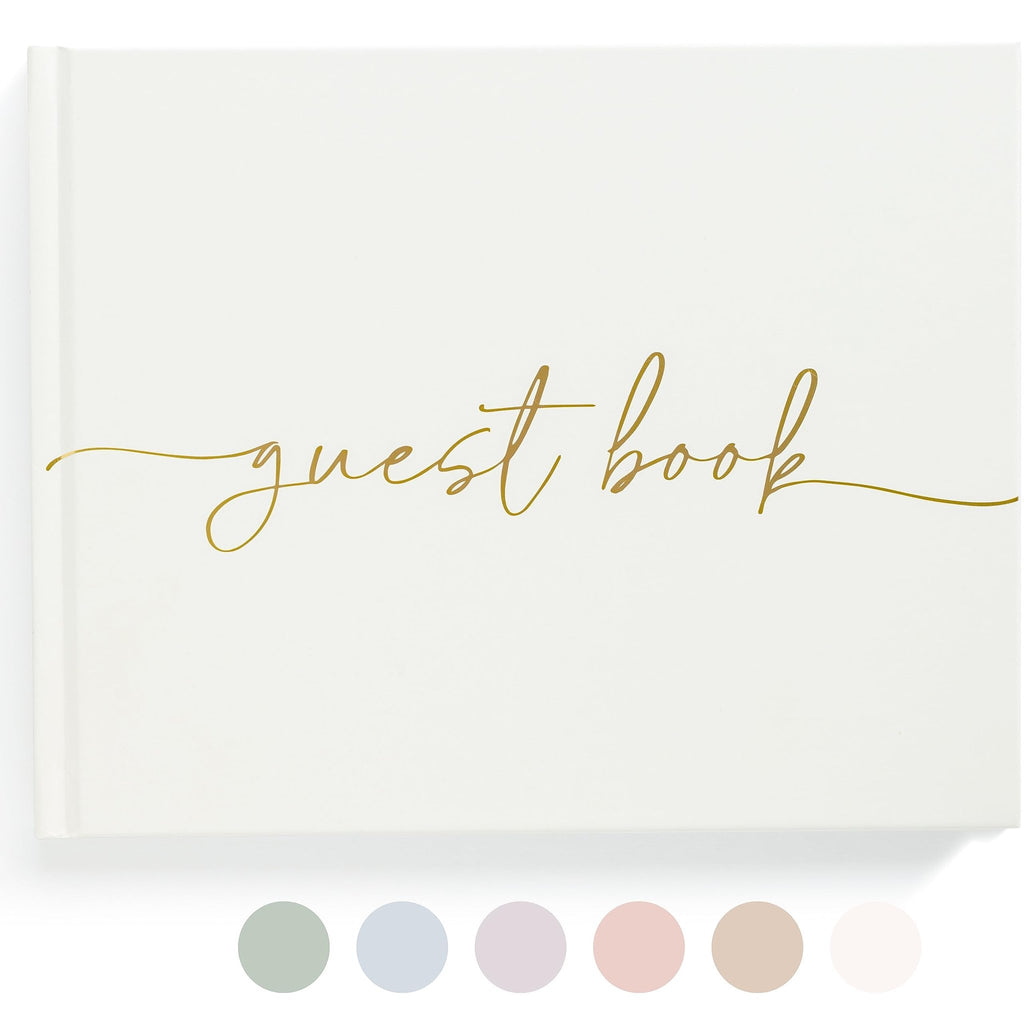 White guest book with gold script text 'guest book' on the cover, shown flat with color swatches below.