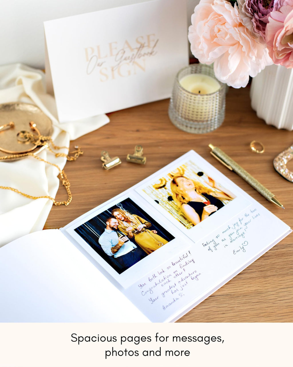 Open wedding guest book with photos and handwritten messages, surrounded by decorative items.