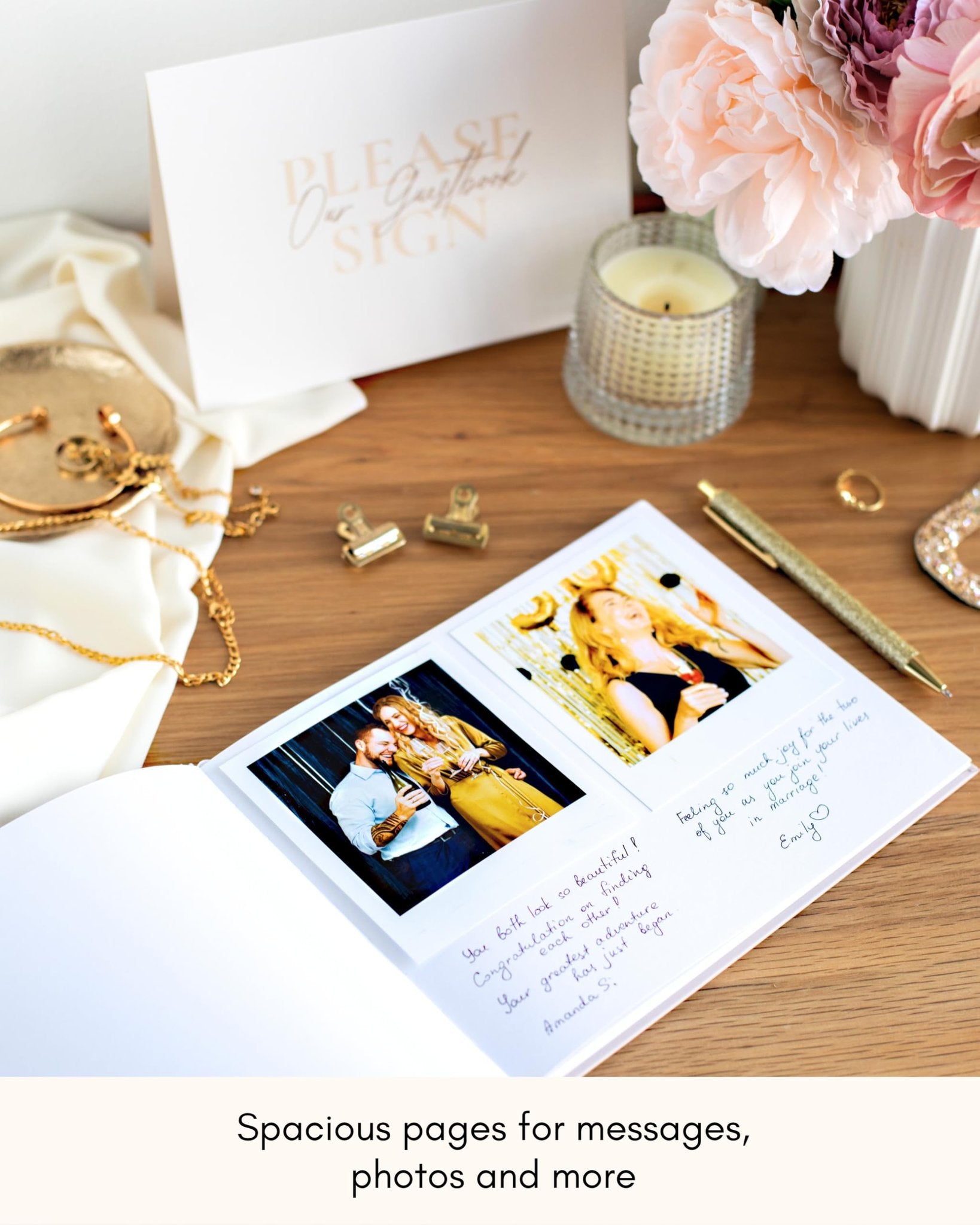 Open wedding guest book with photos and handwritten messages, surrounded by decorative items.