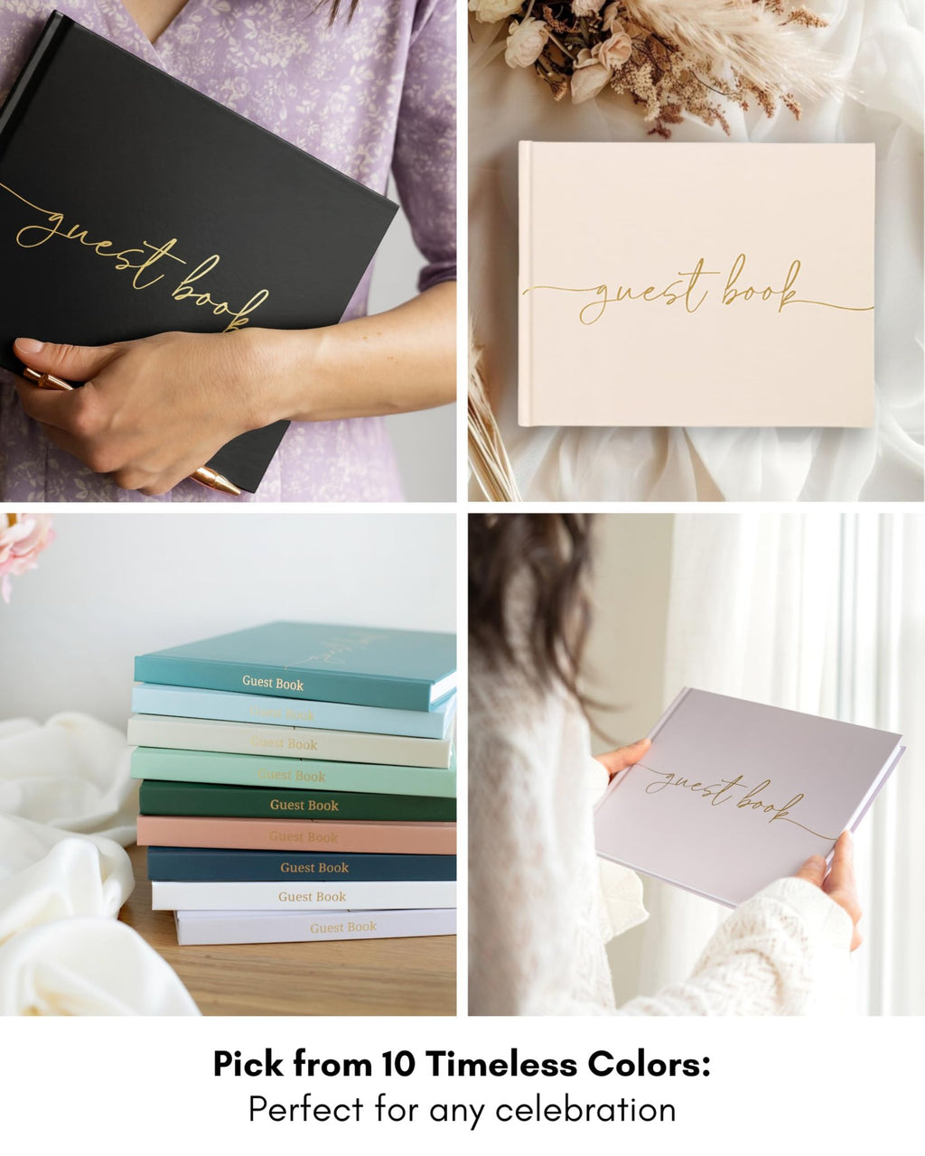 Collage of wedding guest books in various colors, some held by hands, others stacked, with text overlay about color options.