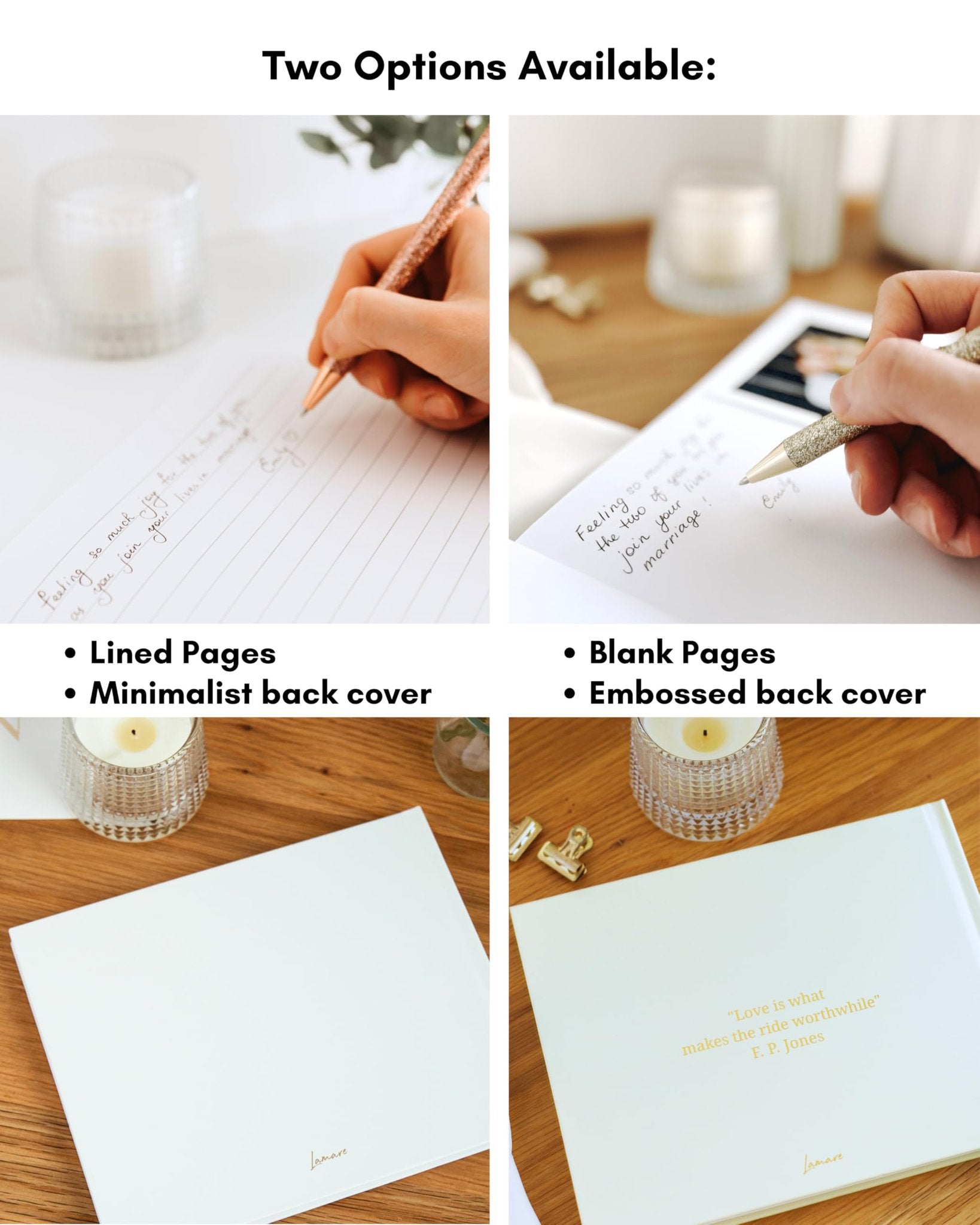 Two wedding guest book options shown side-by-side, one with lined pages and one with blank pages, with close-ups of hands writing.