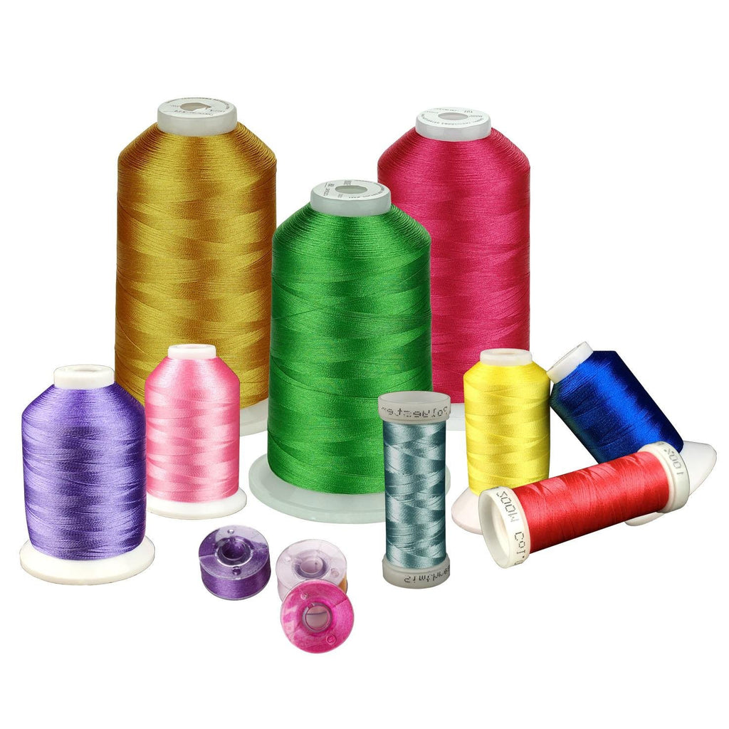 Assortment of polyester embroidery thread spools in various colors including purple, pink, gold, green, red, yellow, and blue, with smaller bobbins in the foreground.