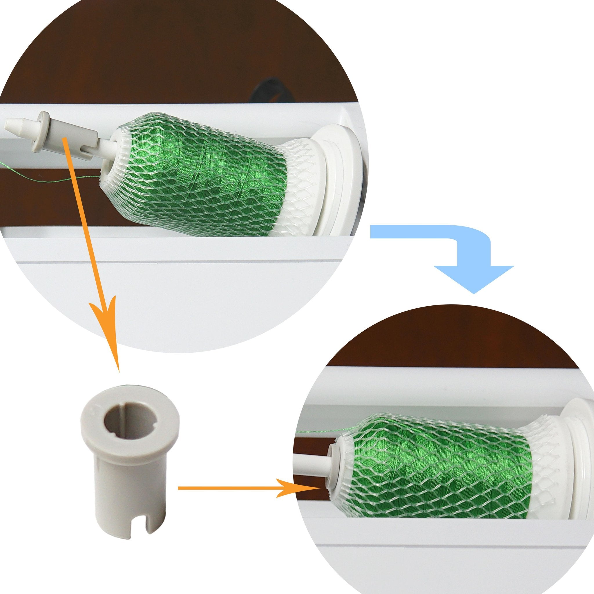 Close-up of a green embroidery thread spool with a white net covering, shown with an arrow pointing to a gray bobbin holder.
