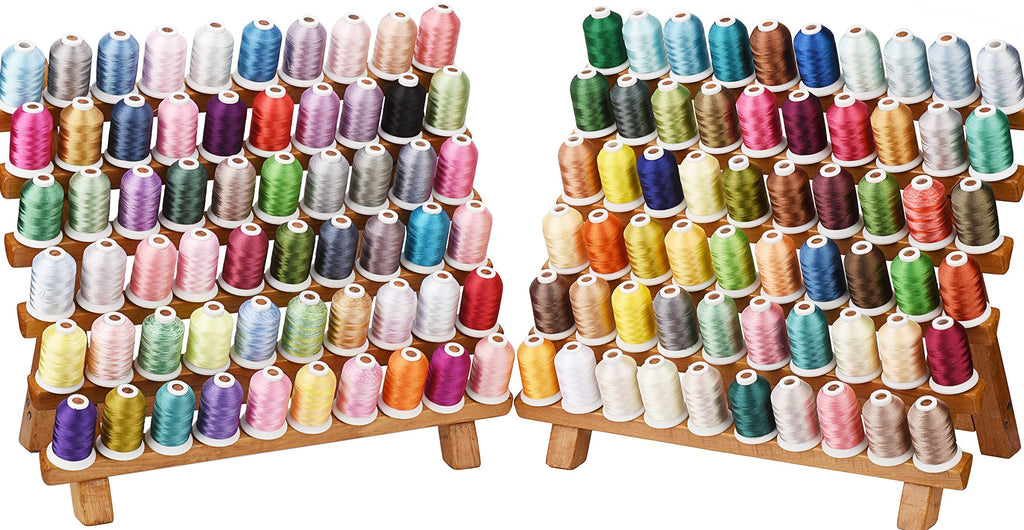 Two wooden racks holding spools of colorful polyester embroidery thread, displayed against a white background.