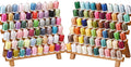 Two wooden racks holding spools of colorful polyester embroidery thread, displayed against a white background.