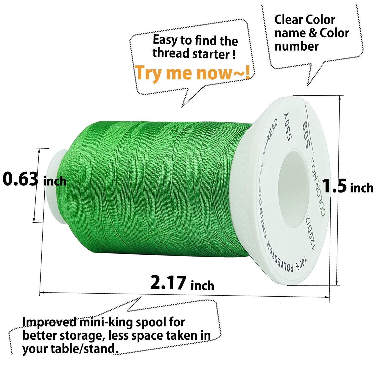 Green polyester embroidery thread spool with dimensions and feature callouts.