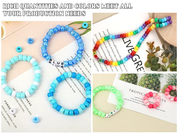 Assortment of colorful beaded bracelets and necklaces, some with letter beads spelling words like 'BLUE', 'FRIEND', and 'FAITH'.