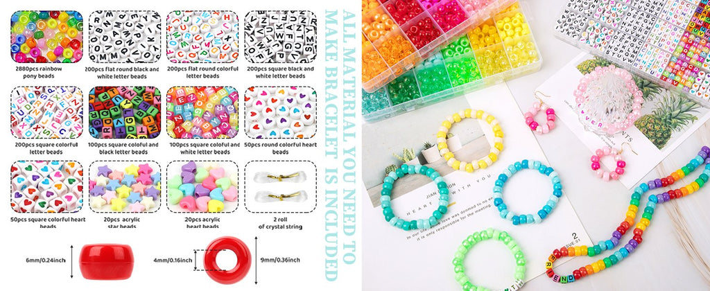 Assortment of colorful beads, letter beads, star beads, heart beads, and crystal string for jewelry making, with finished bracelets and earrings.