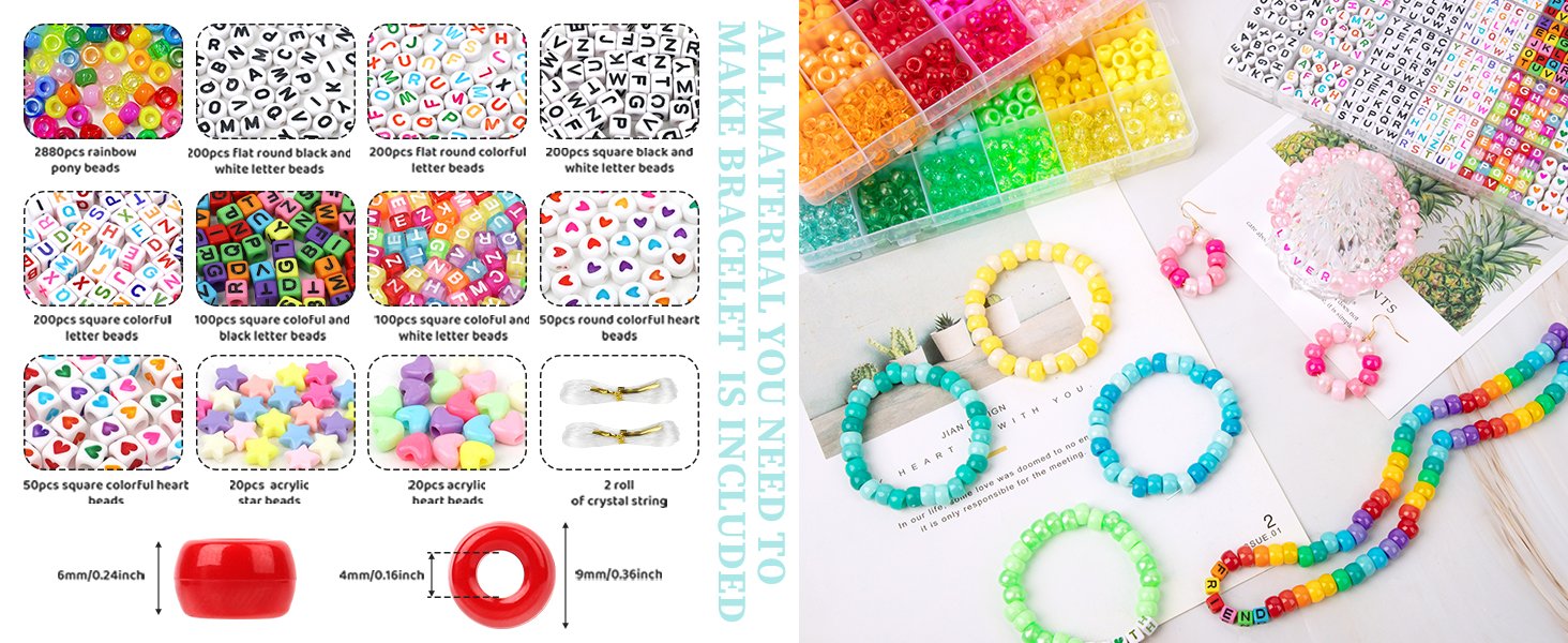 Assortment of colorful beads, letter beads, star beads, heart beads, and crystal string for jewelry making, with finished bracelets and earrings.