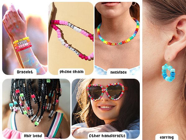 Collage of colorful beaded jewelry and crafts including bracelets, phone chain, necklace, hair beads, sunglasses, and earrings.