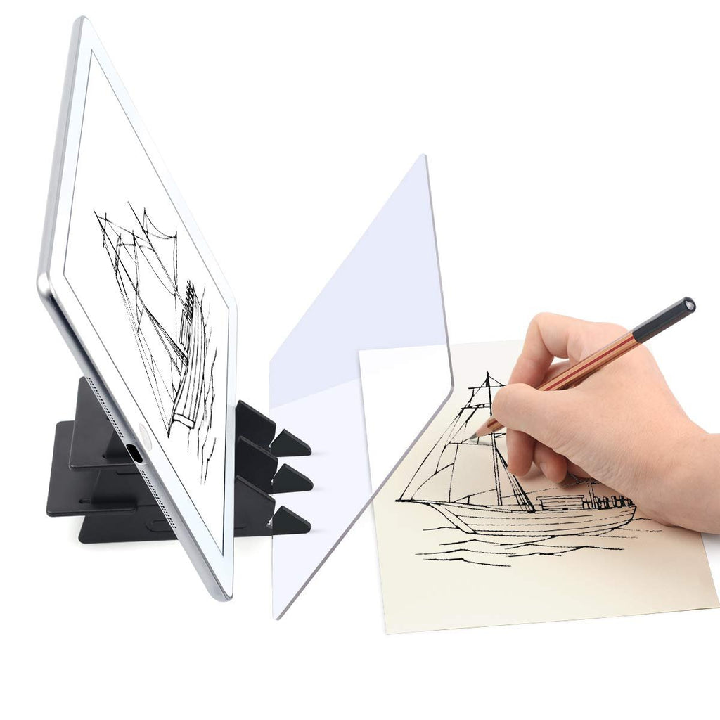 Optical drawing board with tablet and paper setup, showing a hand tracing a sailboat sketch with a pencil.