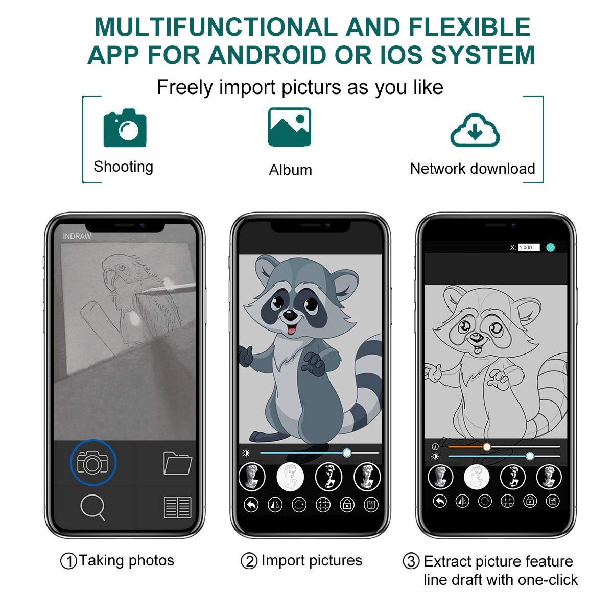 Three smartphone screens demonstrating app features: taking photos, importing pictures, and extracting line drafts.