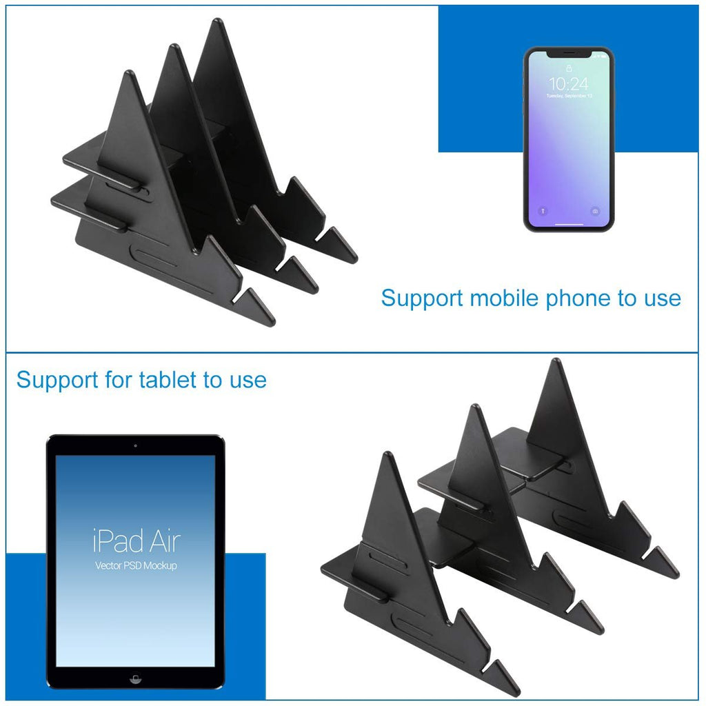 Two black drawing board stands shown in a split image, one supporting a phone and the other a tablet.