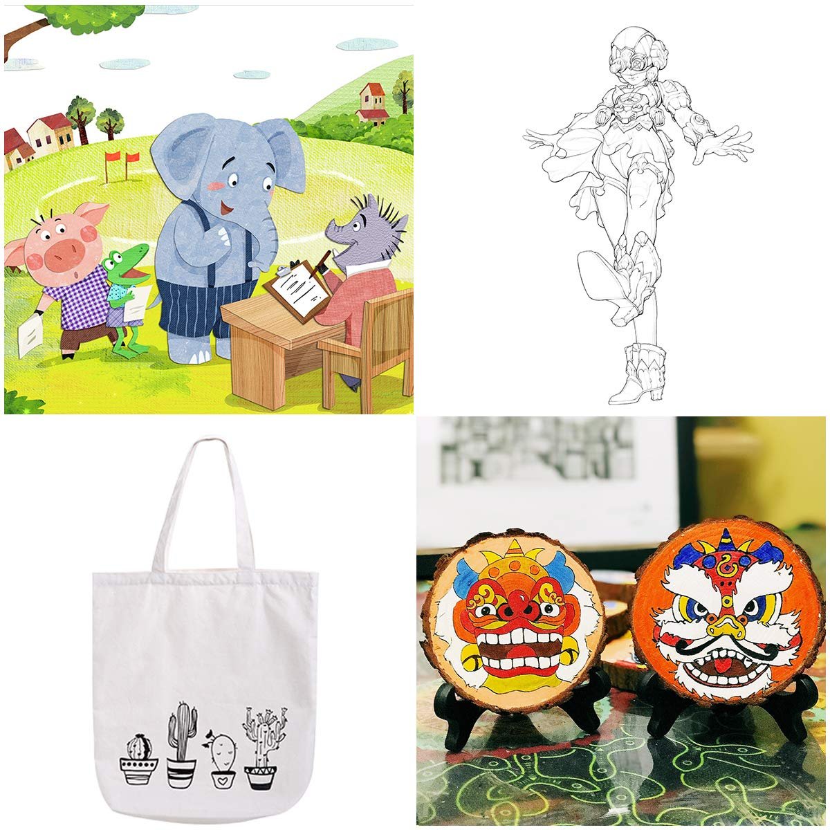 Four images: cartoon animals at a desk, line art of a character, white tote bag with cactus designs, and two painted wooden coasters with lion faces.