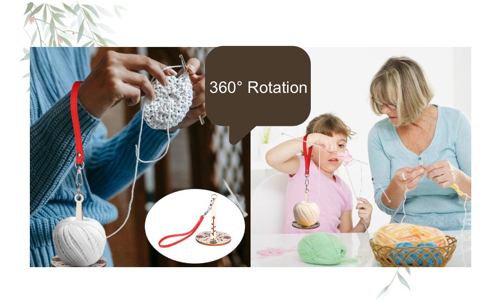 Woman knitting with a portable wooden yarn holder on her wrist; inset shows a child and woman knitting with yarn.