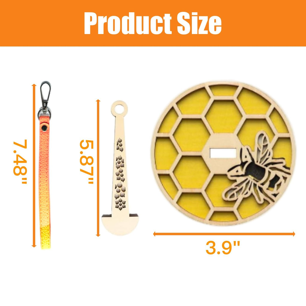 Product size diagram showing a yarn holder with leather strap, a wooden yarn holder spindle, and a wooden yarn holder disc with bee design.