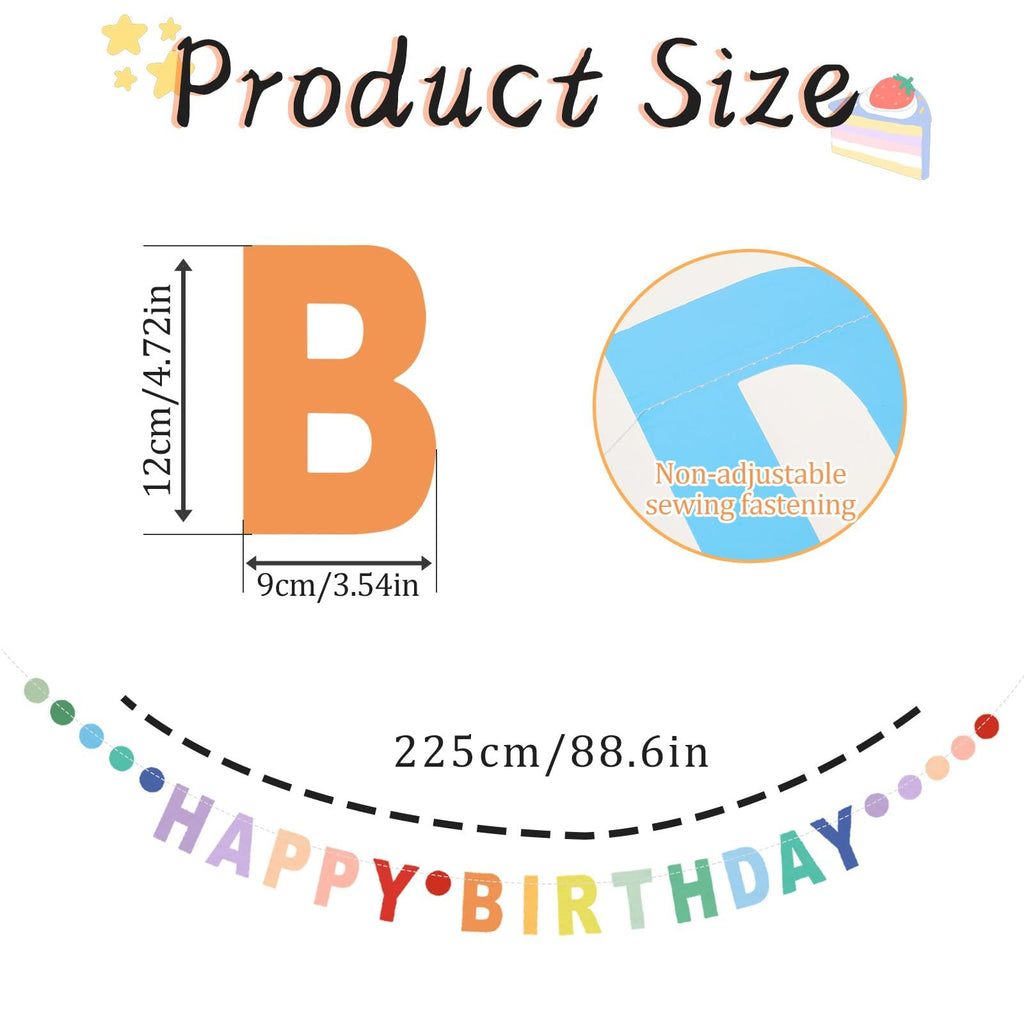 Happy Birthday banner with dimensions and detail of non-adjustable sewing fastening.