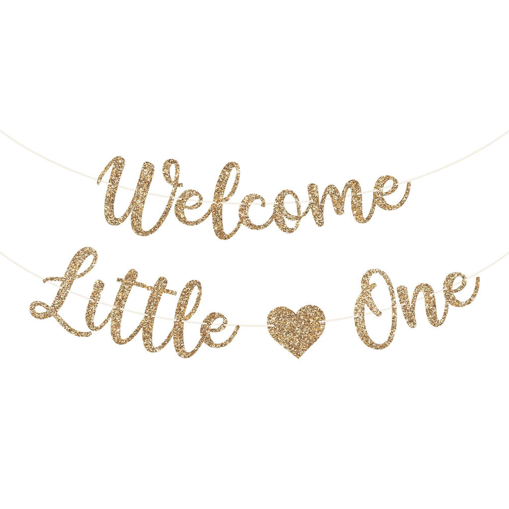 Gold glitter banner spelling 'Welcome Little One' with a heart, strung on white cord.