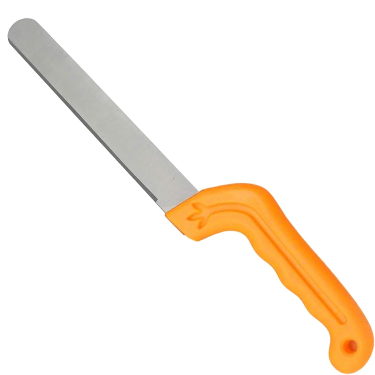 Orange-handled floral foam cutting knife with a long silver blade, shown at an angle on a white background.