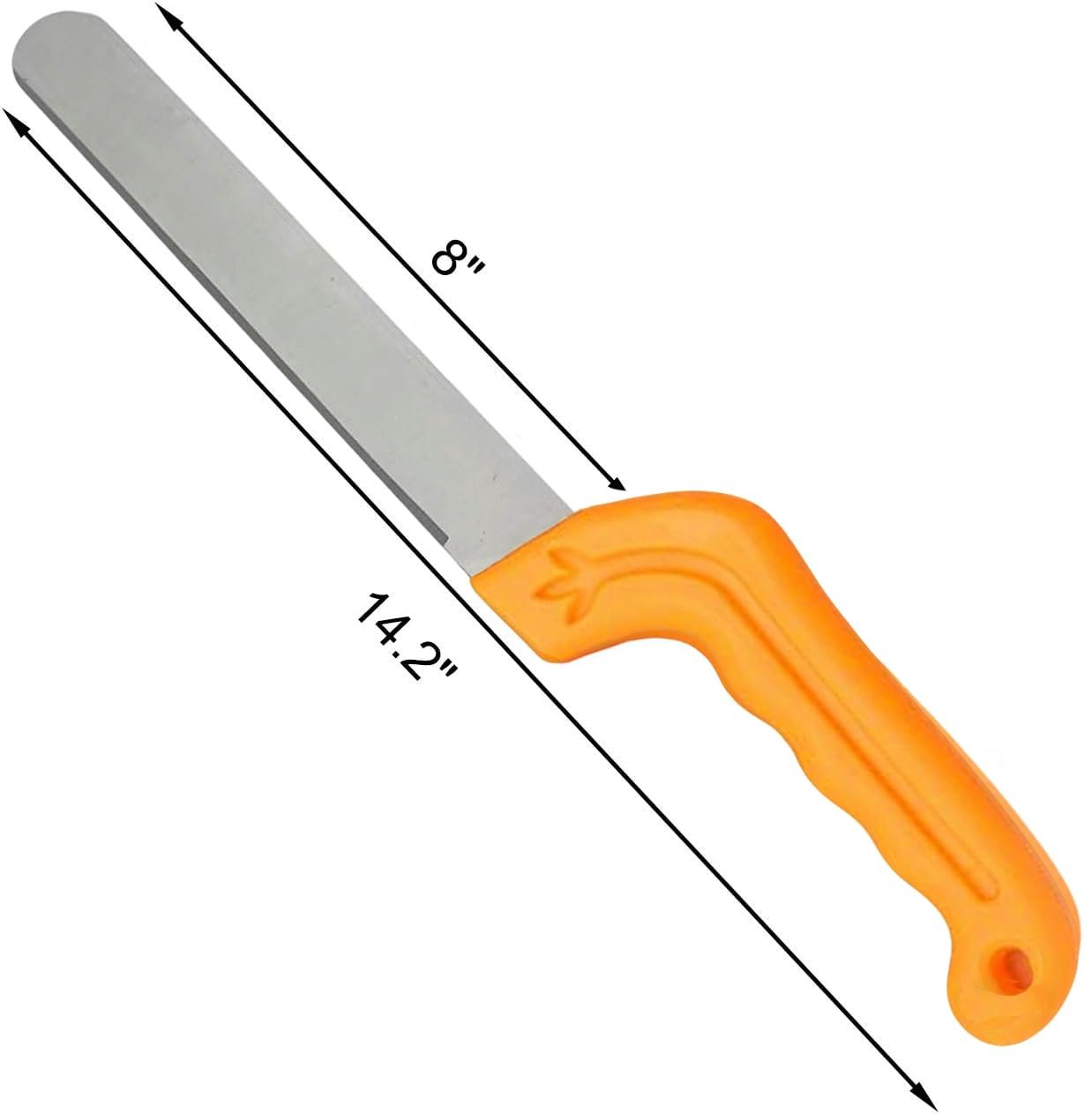Orange handled floral foam cutting knife with dimensions 14.2 inches and 8 inches indicated