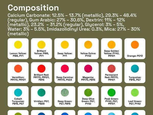 Watercolor paint color chart showing composition and swatches of 18 different colors with names and pigment codes.