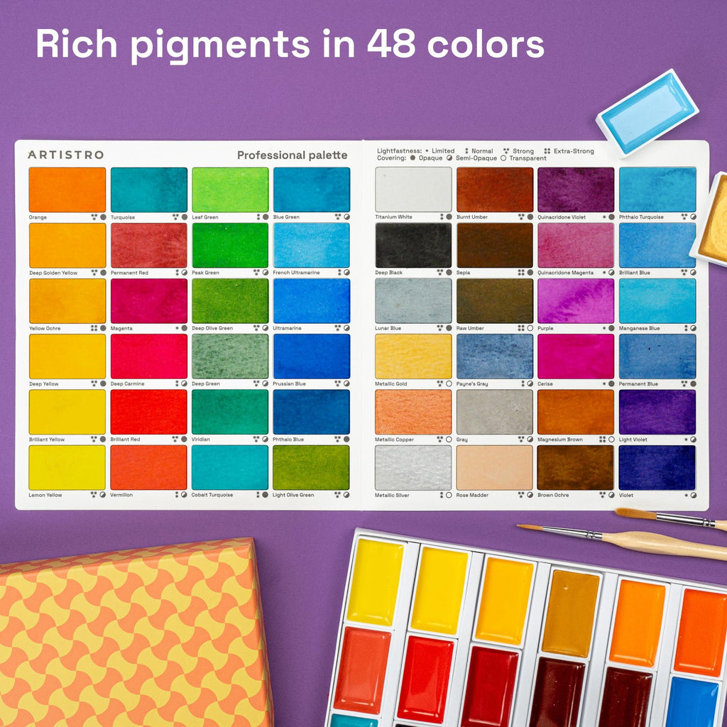 Professional watercolor paint set with 48 pigment-rich colors displayed in a palette, showing swatches and color names.