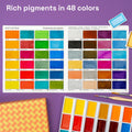 Professional watercolor paint set with 48 pigment-rich colors displayed in a palette, showing swatches and color names.