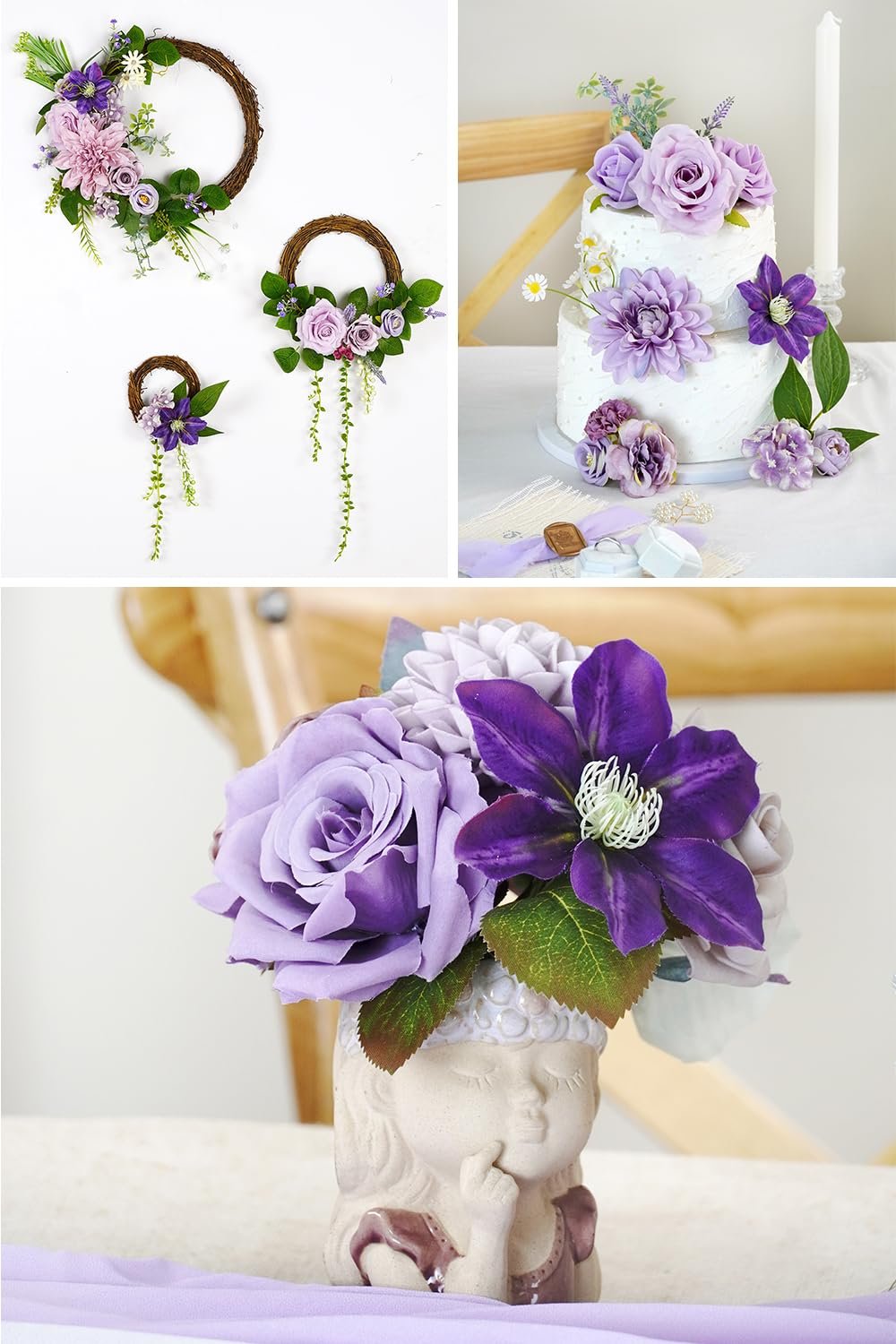 Collage of purple artificial flowers: wreaths, cake decorations, and a bouquet in a vase.