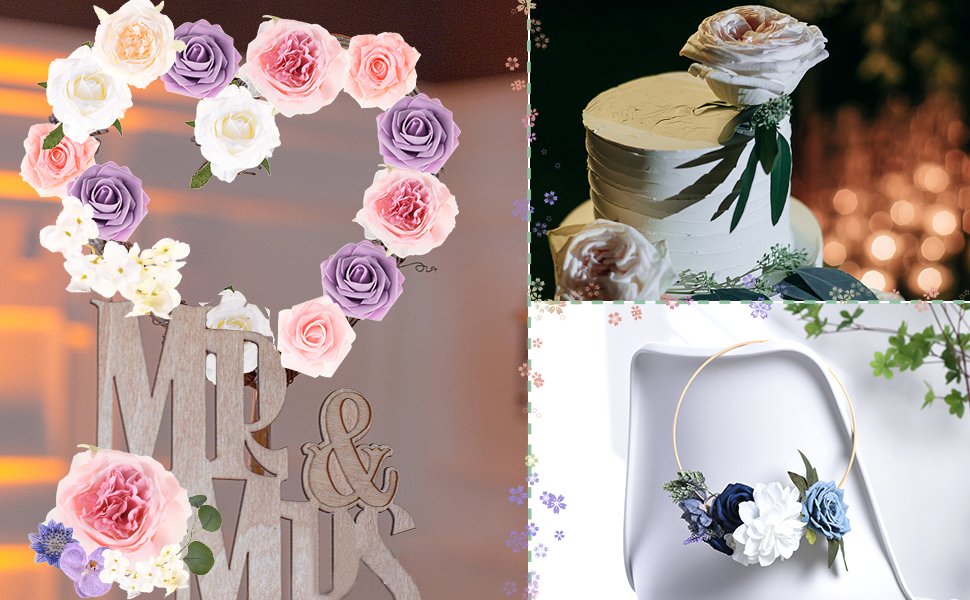 Collage of wedding floral arrangements: heart shape of roses, cake with roses, and a floral hoop wreath.