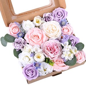 Box of assorted artificial silk flowers in purple, pink, and white, with green leaves, arranged for DIY crafts.