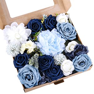 Box of assorted artificial silk flowers in navy blue, light blue, and white for DIY arrangements.