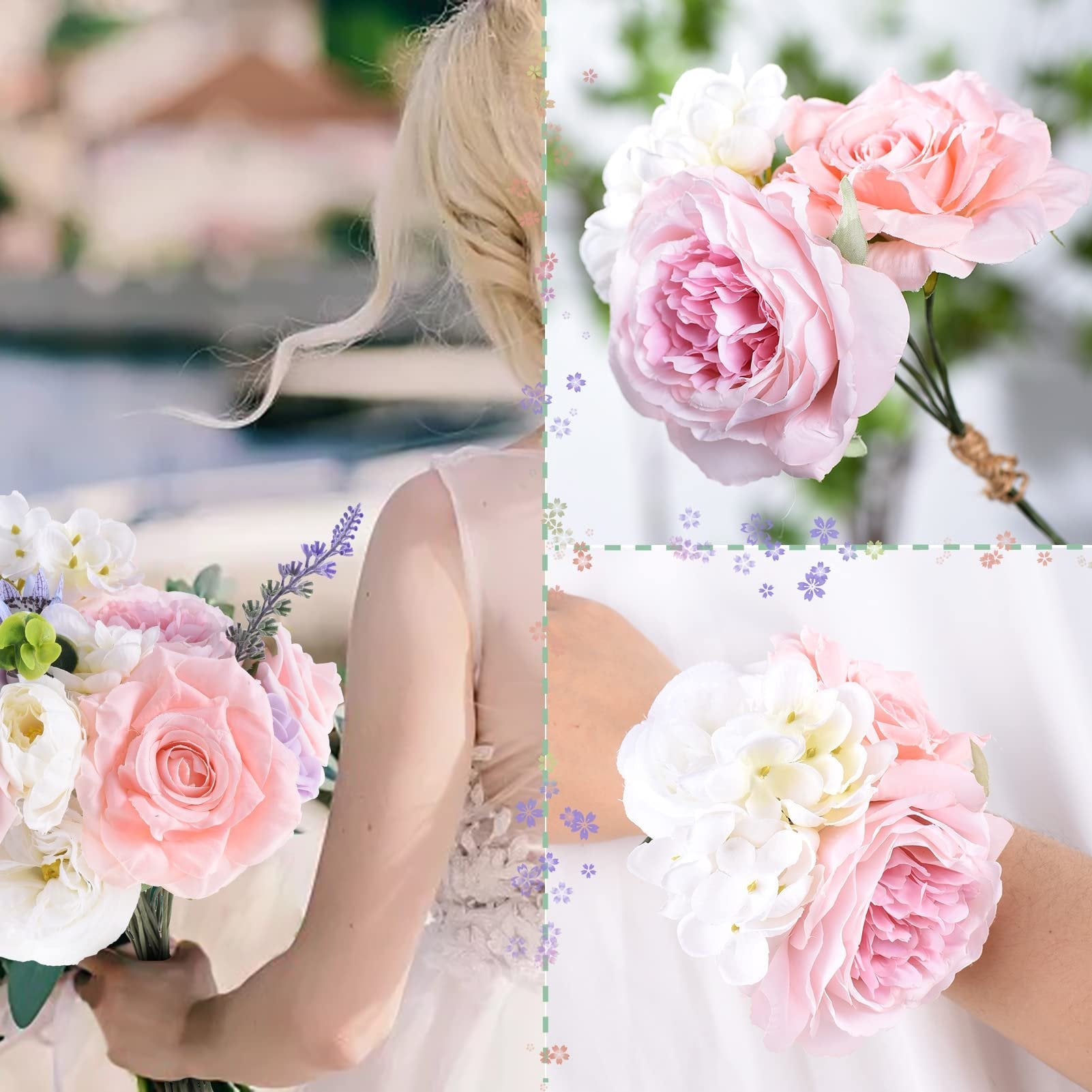Collage of artificial pink and white flowers, including a bride holding a bouquet and a floral wrist corsage.